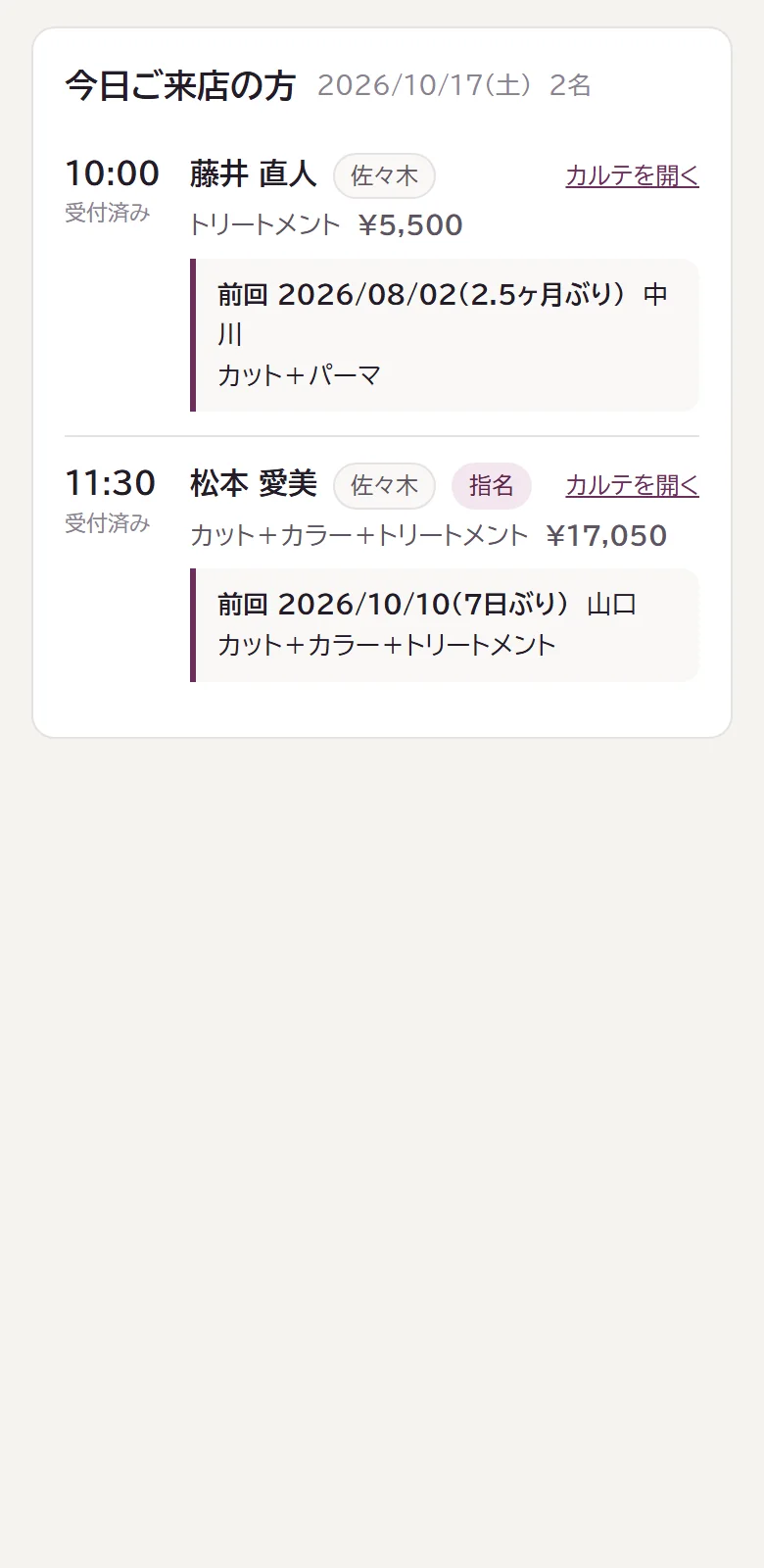 カルテの画面:今日ご来店の方と、前回の日付・担当・メニュー