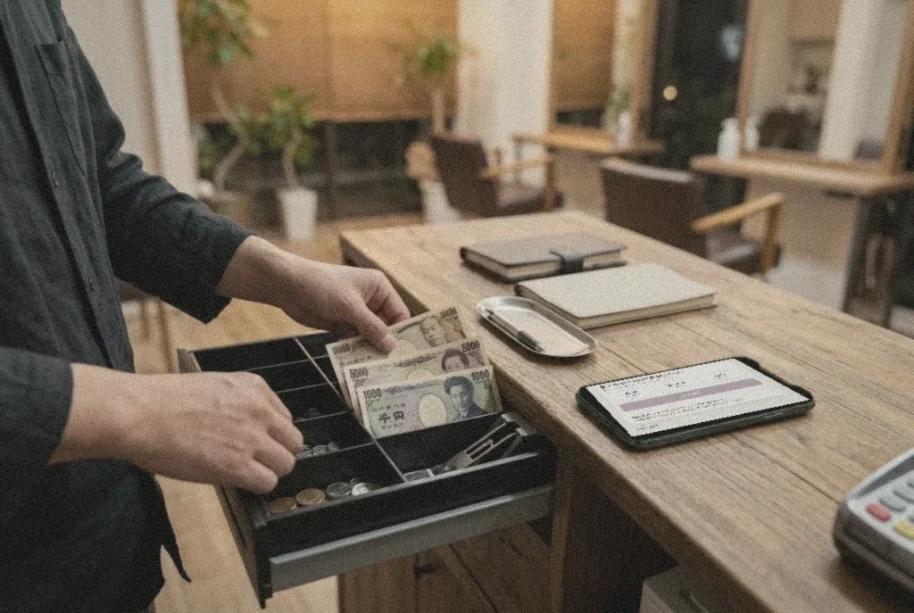 閉店後、レジのお金を揃える手元と、締めの画面が出たスマホ