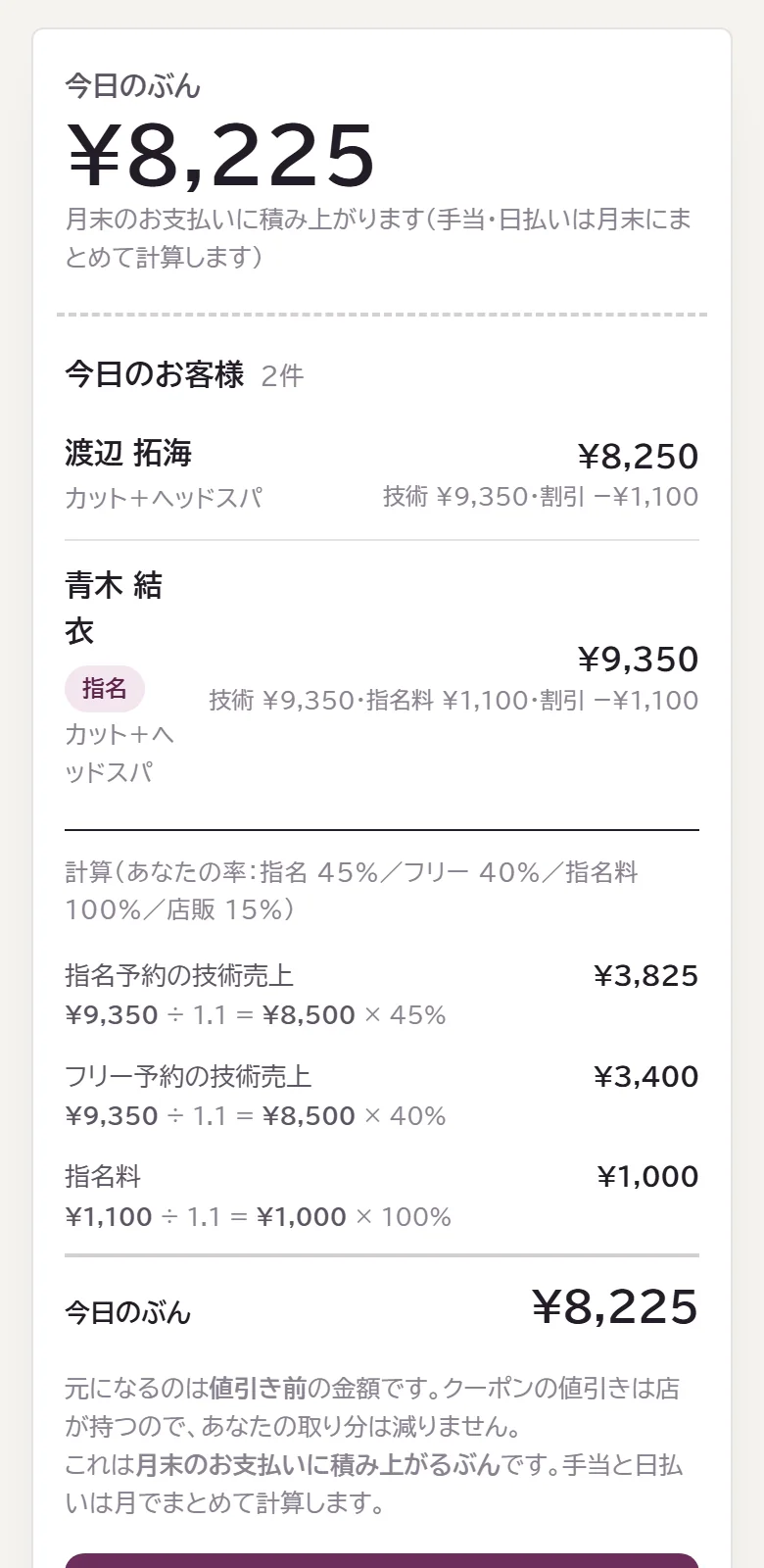 美容師さんの画面:今日のぶん ¥8,225 と、元の金額×率の計算